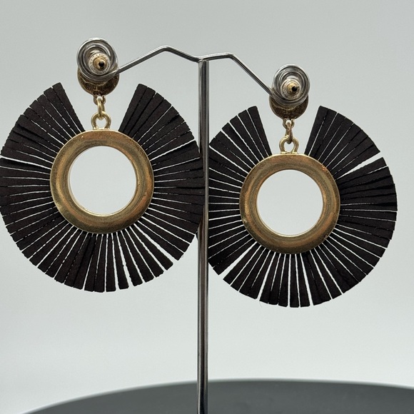 INC Leather Fringe BOHO Circle Gold Tone Post Earrings - Picture 6 of 8